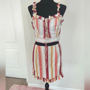 Lulu's Clara Lee Pink Striped Ruffle Crop Top Skirt Set Cotton Size Meduim